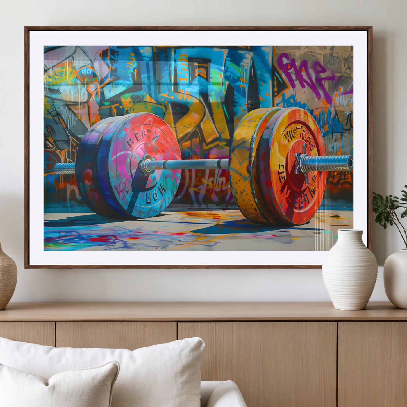 85141-MGV-CV-36X24-Colorful Barbell Wall Art Canvas Print, Framed Street Gym Art Picture Print, Graffiti Workout Perfect Urban Fitness Decor Artwork