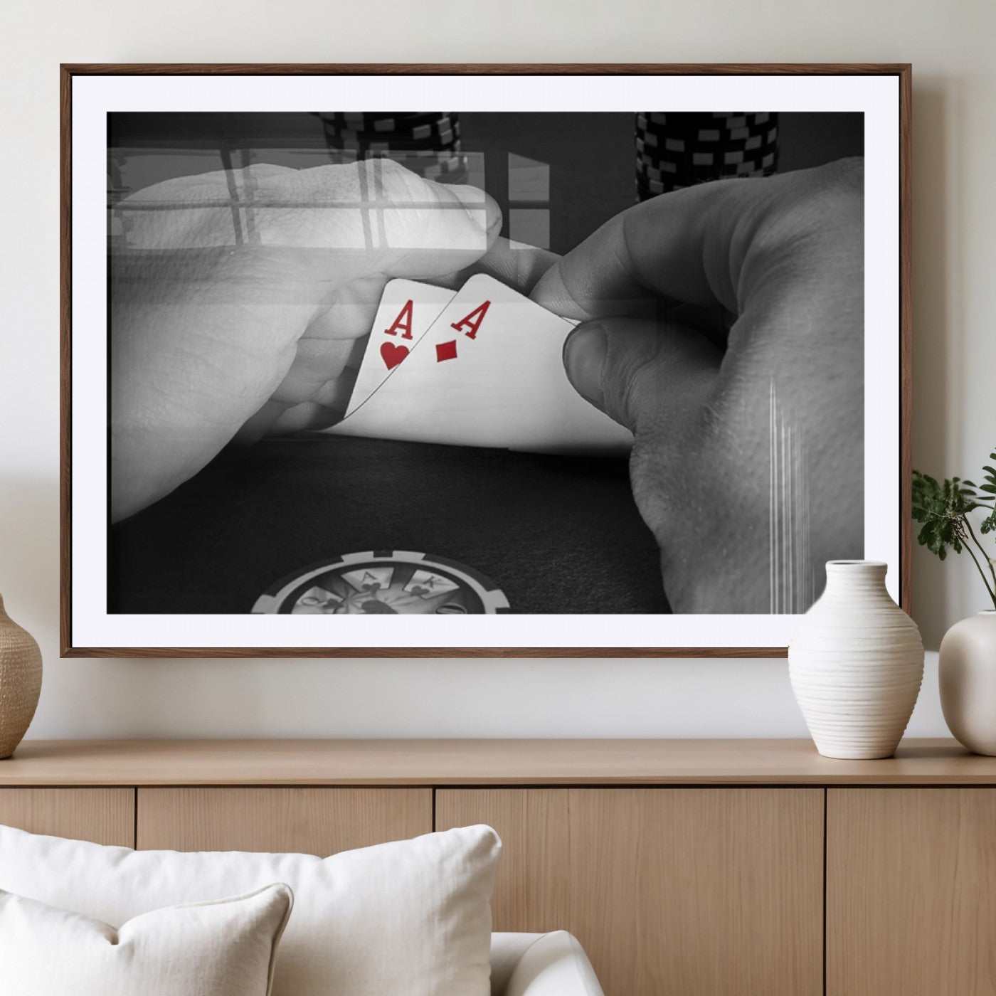 62460-MGV-CV-36X24-Poker Game Wall Art – Close Up of Hands Holding Aces with Chips, Casino Style Decor for Game Room, Man Cave or Office