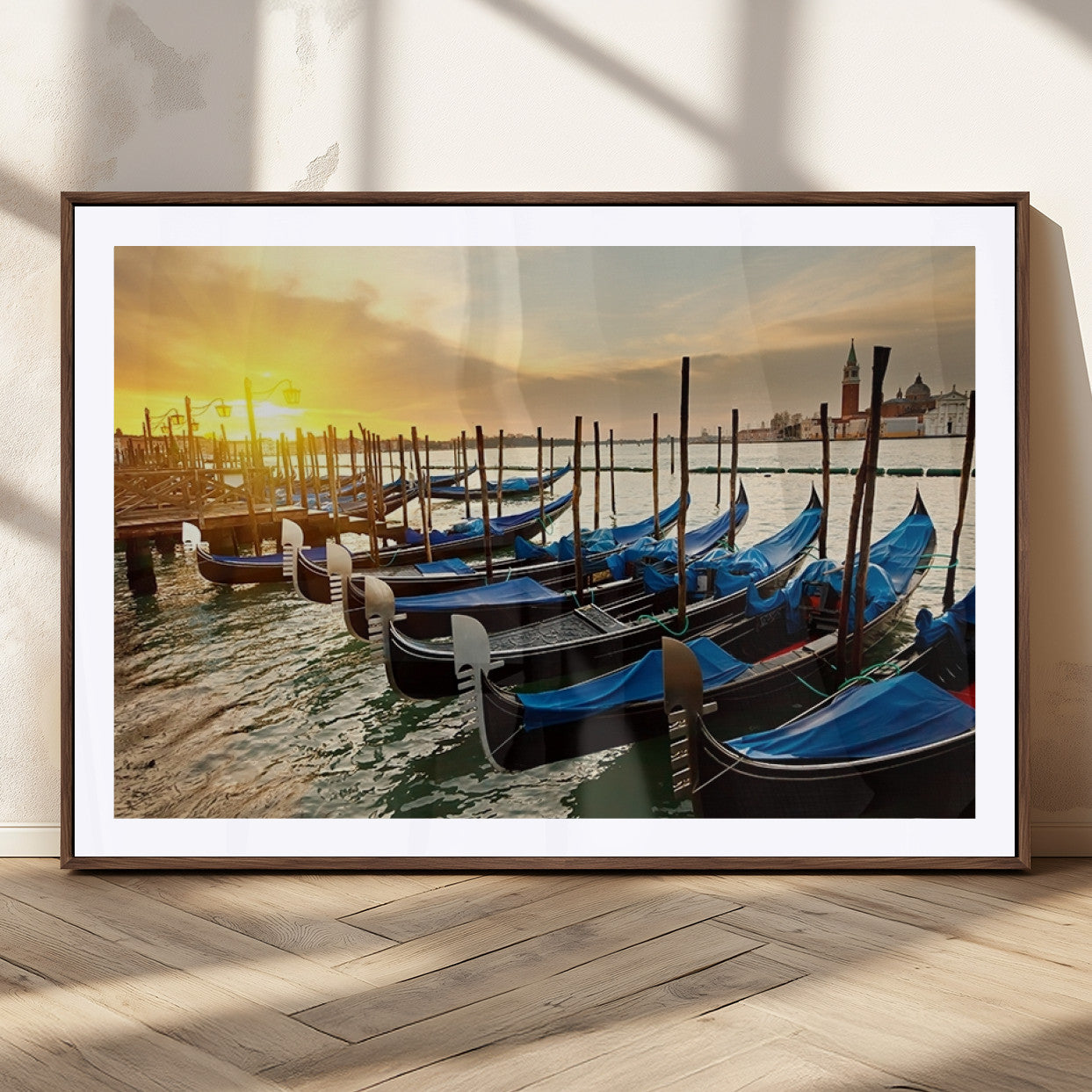 25872-MGC-FP-36x24_Walnut-Venetian Gondola Dock Wall Art – Serene Sunset Canal Canvas Print, Tranquil Water Travel Decor for Office, Living Room, or Man