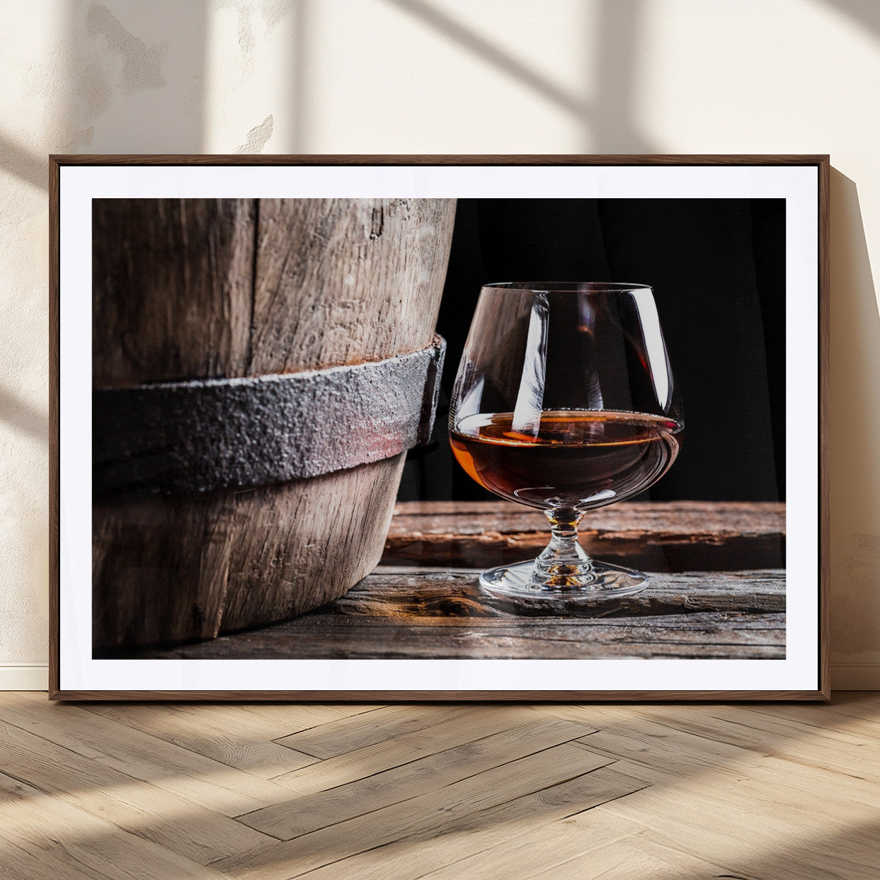 50839-MGC-FP-36x24_Walnut-Barrel & Brandy Wall Art – Rustic Whiskey Barrel and Brandy Glass Canvas Print, Elegant Home Bar or Lounge Decor for Office, Man