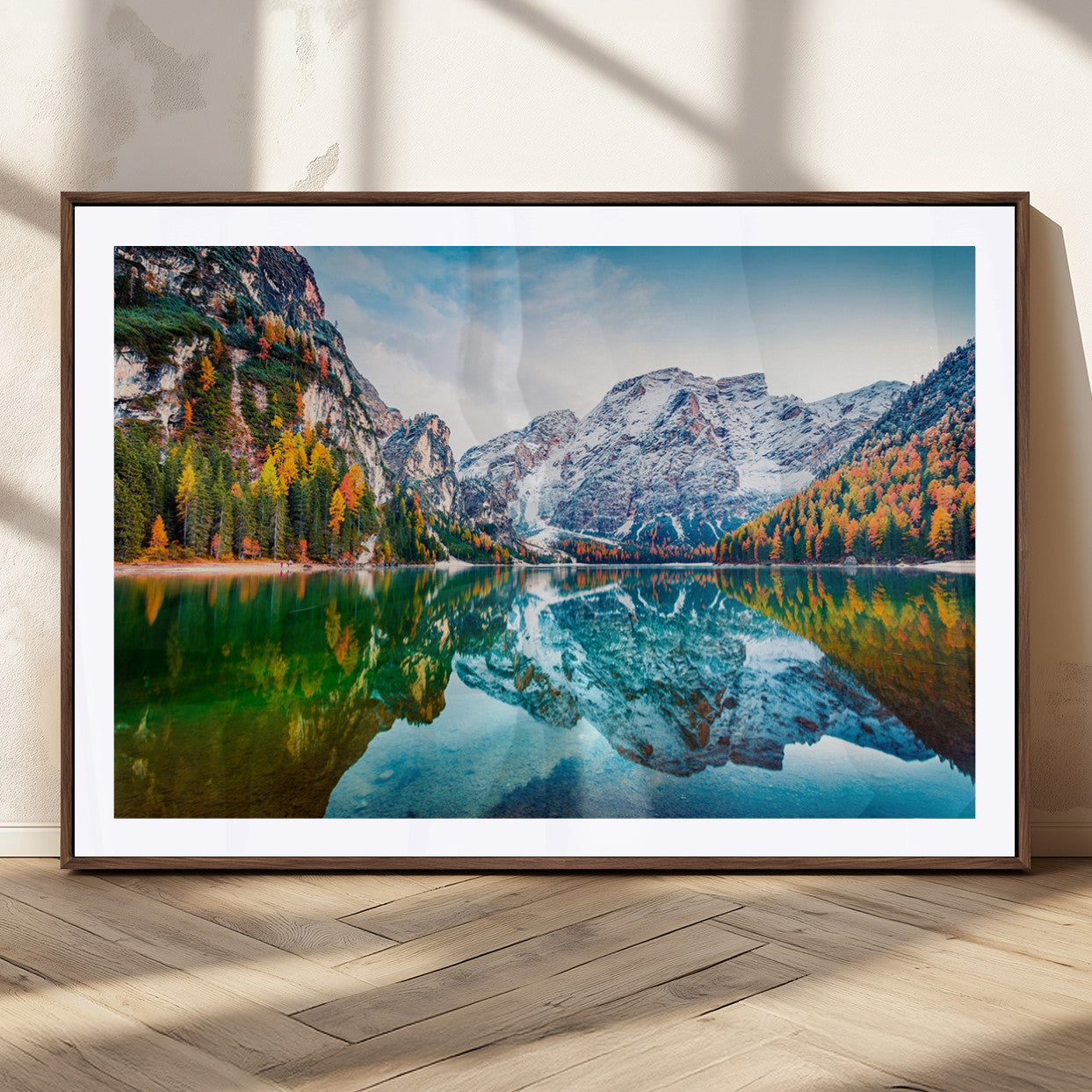 10402-MGC-FP-36x24_Walnut-Snowy Mountain Lake Wall Art – Autumn Landscape Canvas Print with Reflection, Nature Decor for Living Room, Office, Bedroom or