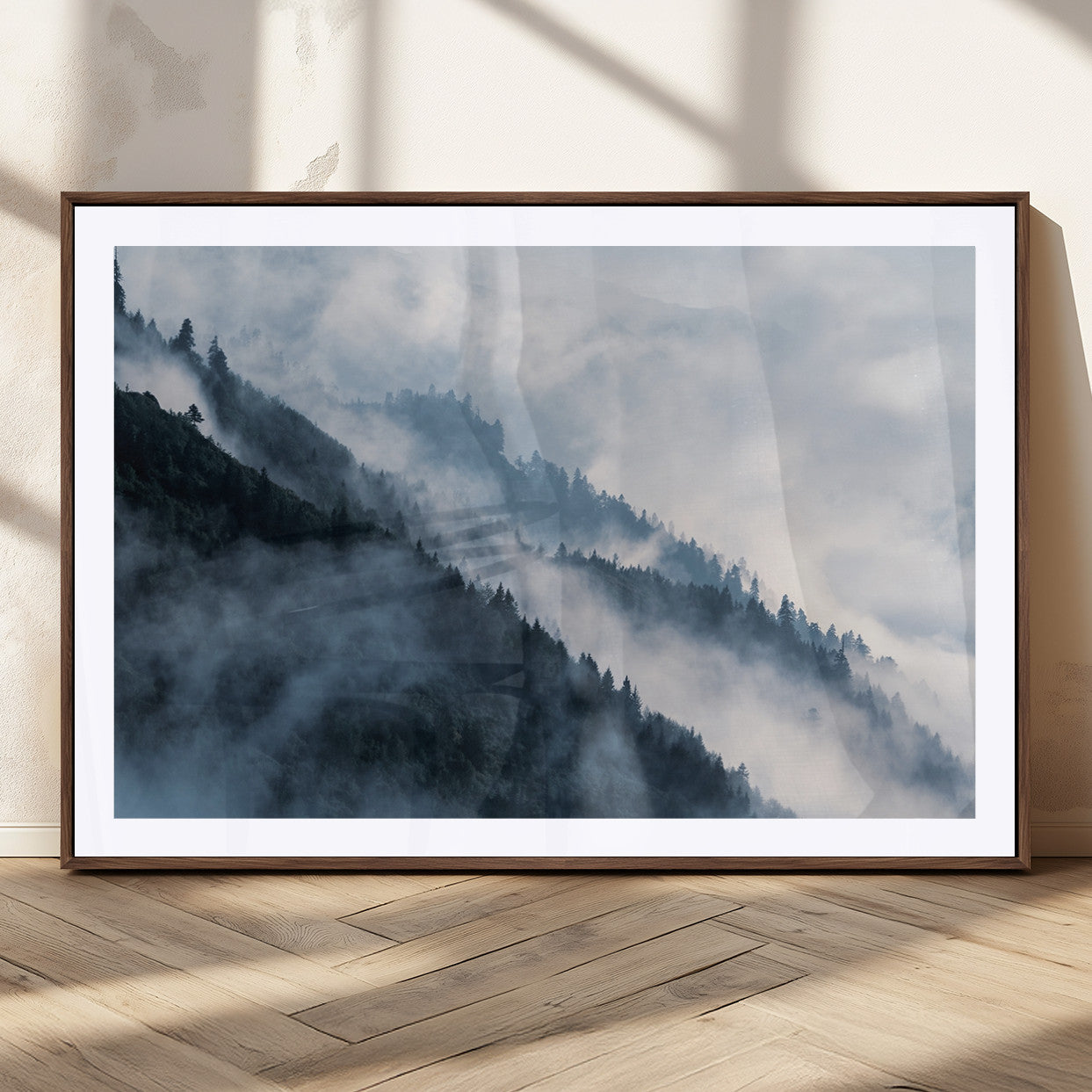 85737-MGC-FP-36x24_Walnut-Misty Mountain Wall Art – Atmospheric Pine Forest Canvas Print with Fog and Mist, Calm Nature Decor for Living Room, Bedroom,