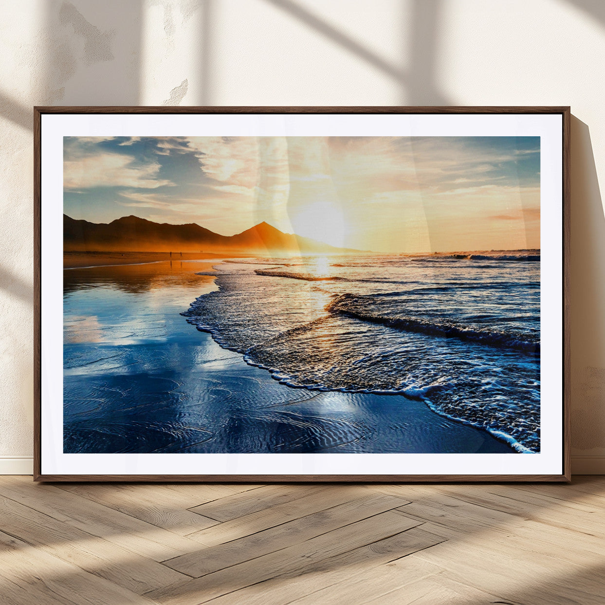 86173-MGC-FP-36x24_Walnut-Golden Sunset Beach Wall Art – Reflective Ocean Canvas Print with Mountains and Waves, Coastal Nature Decor for Living Room,