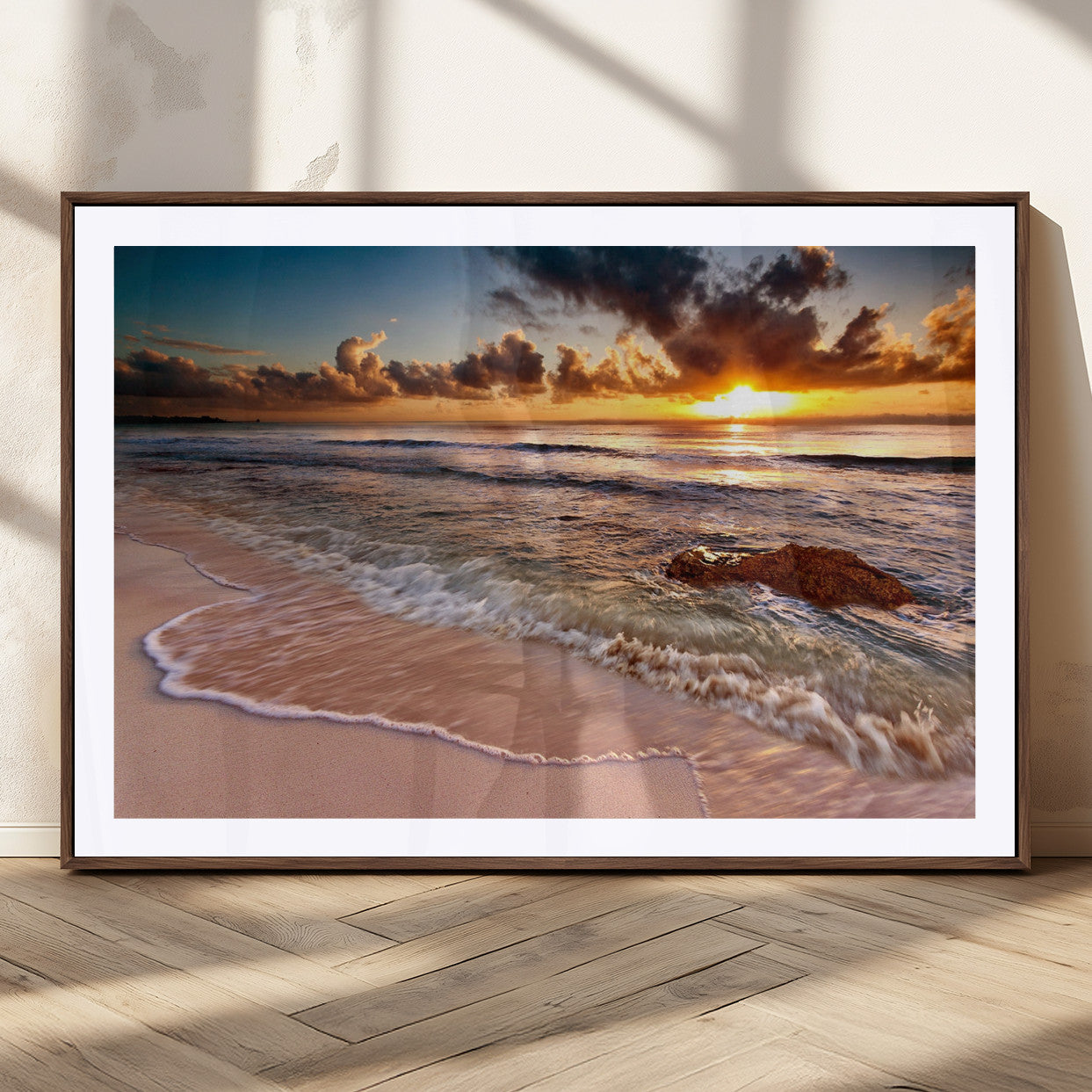 38302-MGC-FP-36x24_Walnut-Sunset Beach Wall Art – Stunning Ocean Waves and Rock Canvas Print, Warm Coastal Decor for Living Room, Bedroom, Office or Beach