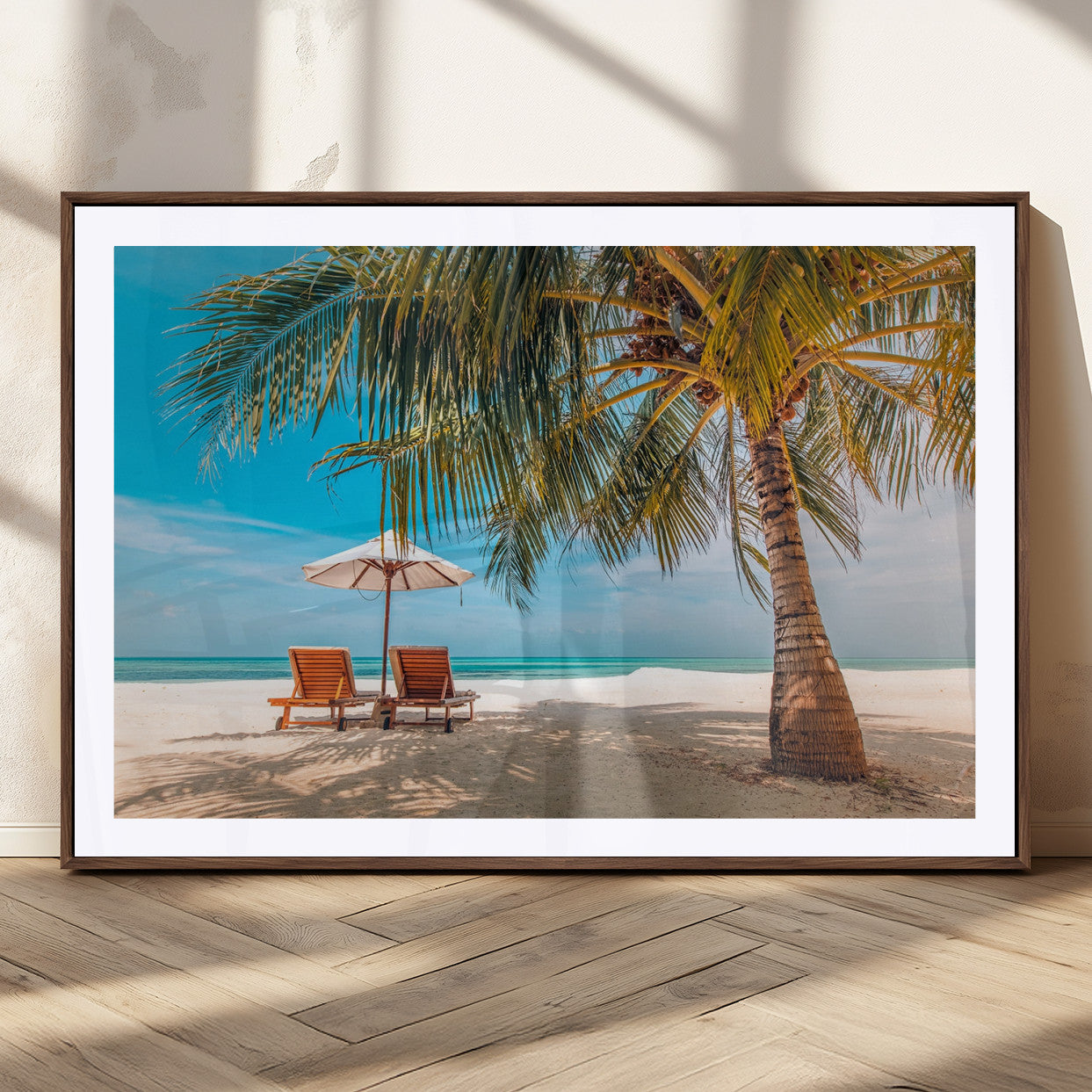 69754-MGC-FP-36x24_Walnut-Tropical Beach Wall Art – Relaxing Palm Tree and Lounge Chairs Canvas Print, Serene Coastal Decor for Living Room, Bedroom, Office
