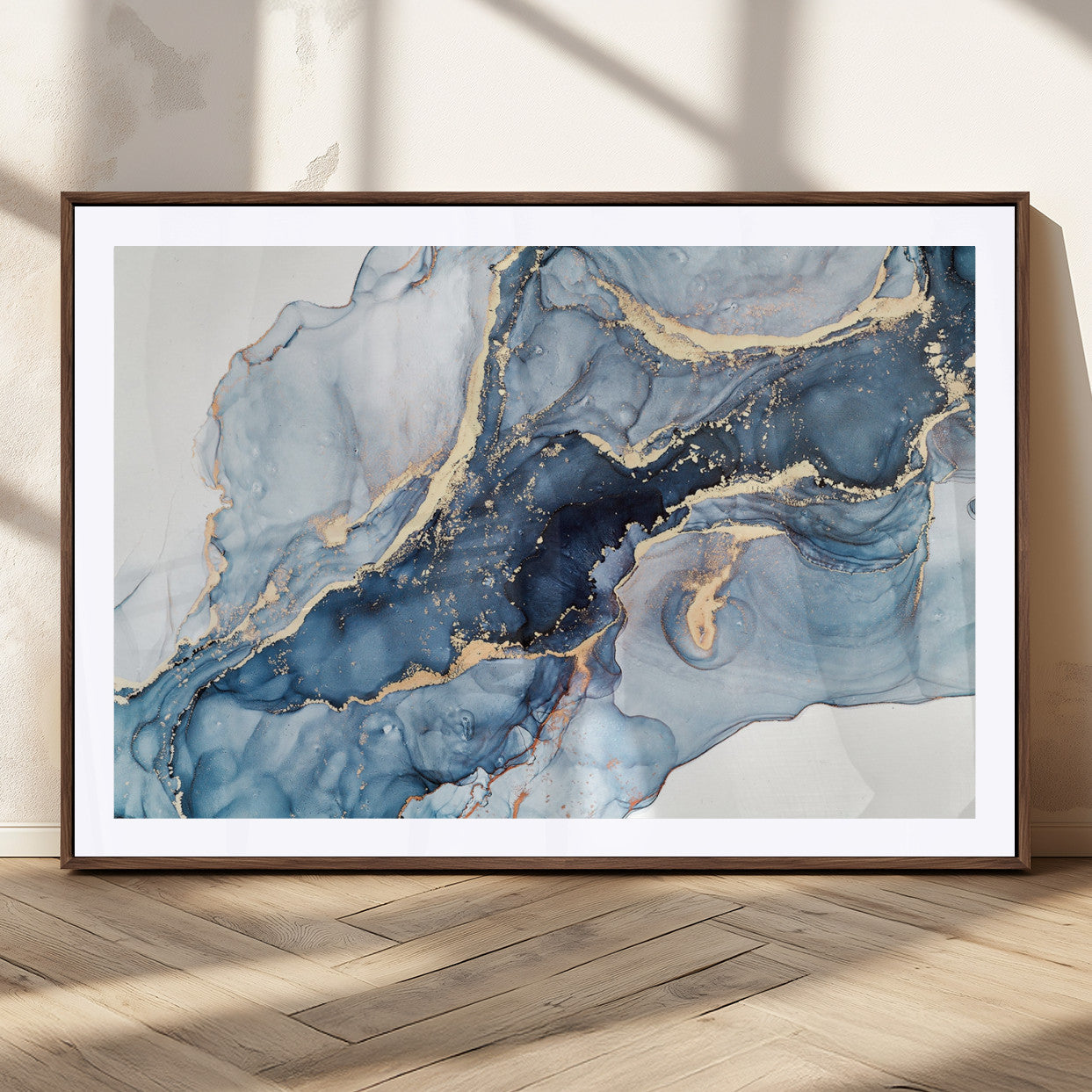33782-MGC-FP-36x24_Walnut-Abstract Marble Wall Art – Blue & Gold Fluid Painting Canvas Print, Modern Home Decor for Living Room, Bedroom or Office