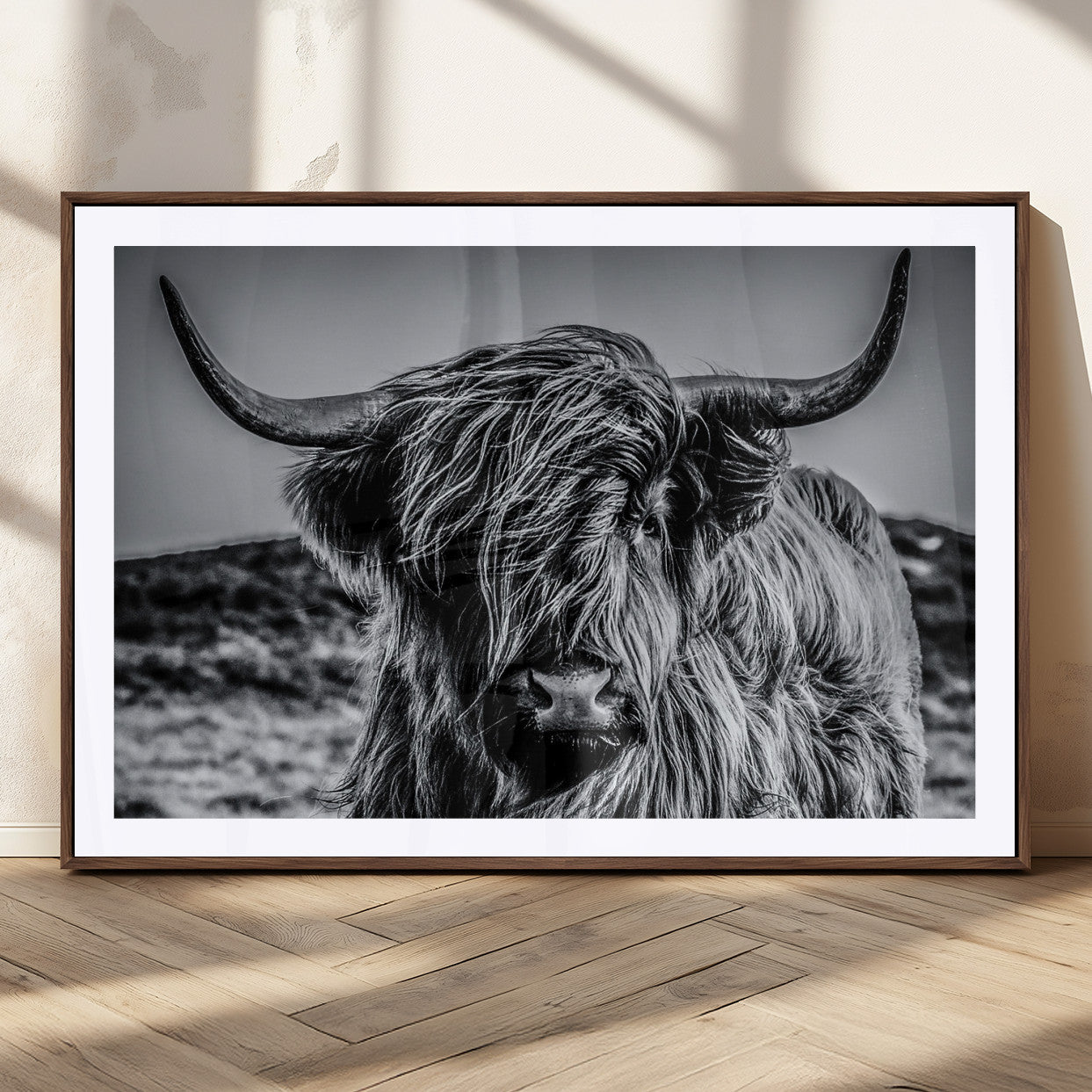 97372-MGC-FP-36x24_Walnut-Elegant Highland Cow Wall Art – Black and White Canvas Print, Rustic Nature Decor for Home, Office, Living Room or Man Cave