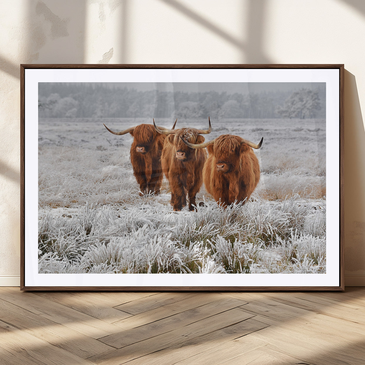 10396-MGC-FP-36x24_Walnut-Highland Cattle Wall Art – Rustic Winter Landscape Canvas Print, Farmhouse Decor for Living Room, Office, Cabin or Country Home