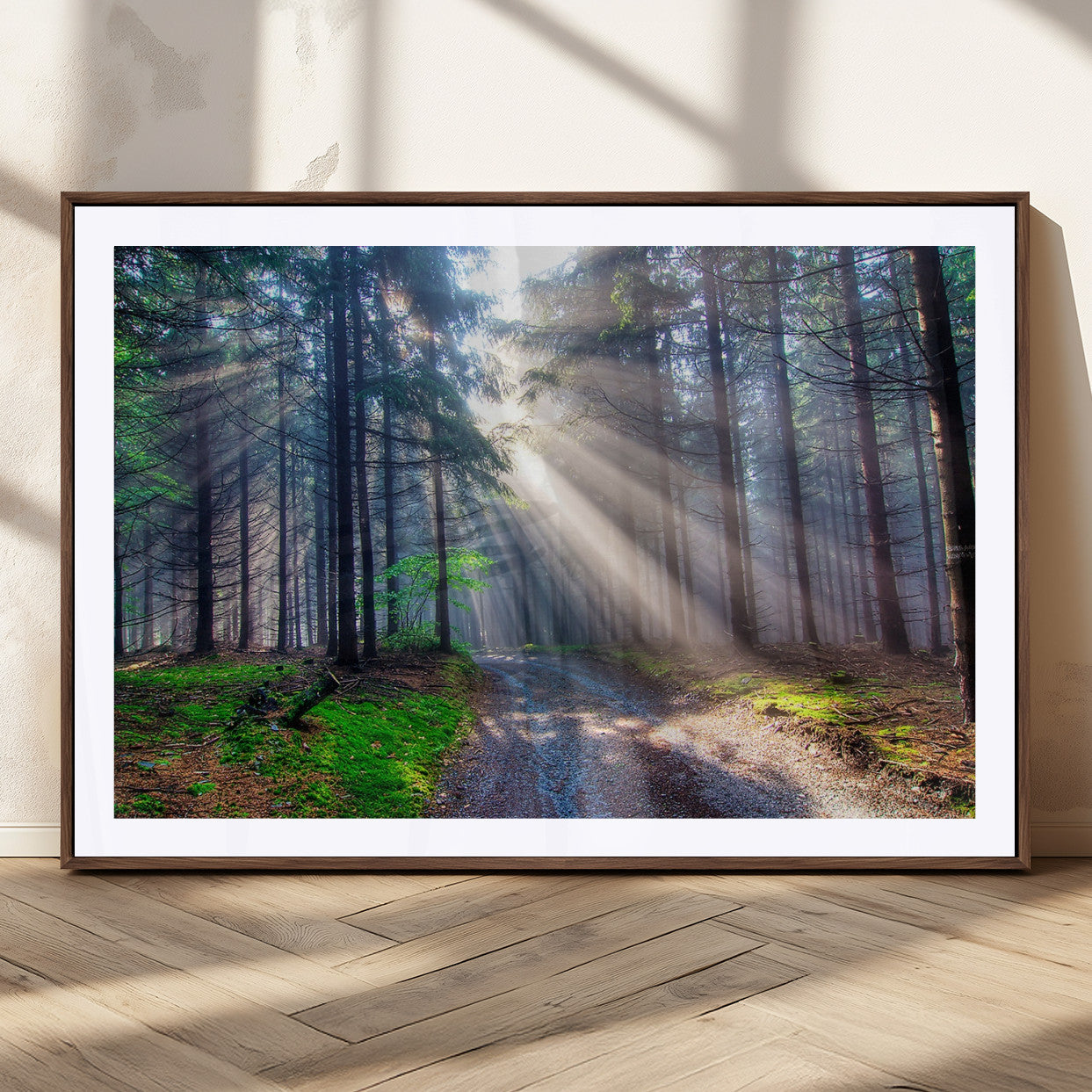 42047-MGC-FP-36x24_Walnut-Sunlit Forest Path Wall Art – Nature Canvas Print, Serene Woodland Landscape, Perfect Home & Office Decor for Calm and Tranquil
