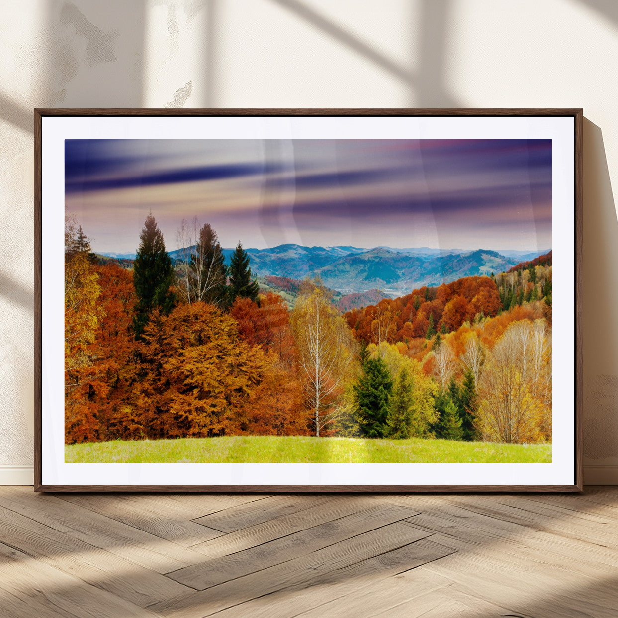 58007-MGC-FP-36x24_Walnut-Autumn Mountain Landscape Wall Art – Stunning Fall Forest Canvas Print, Cozy Nature Decor for Home or Office