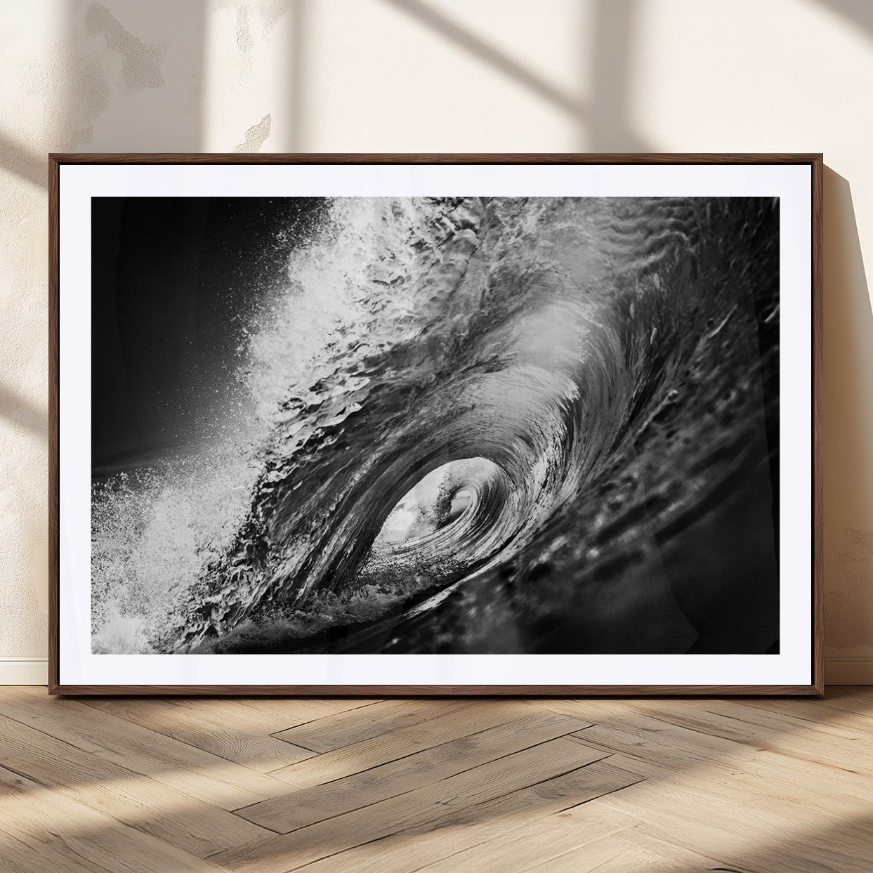 22702-MGV-CV-36X24-Black and White Ocean Wave Wall Art – Powerful Surf Curl Photography Canvas Print, Modern Coastal Decor for Living Room, Office or