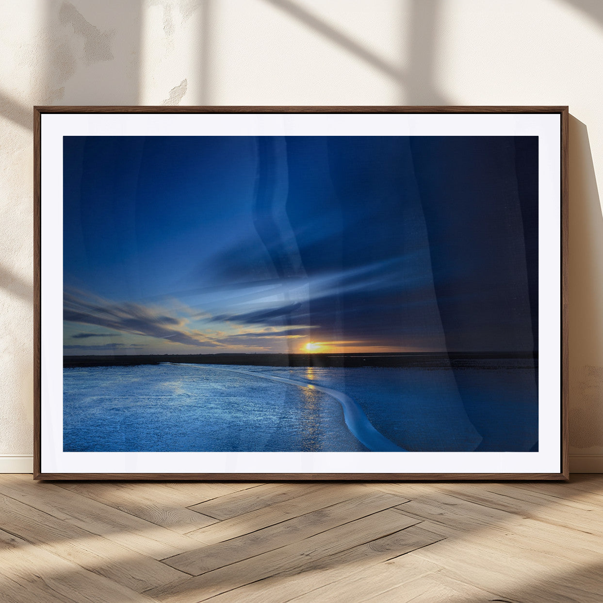 65405-MGV-CV-36X24-Blue Sunrise Seascape Wall Art – Tranquil Ocean Horizon Canvas Print with Golden Sunlight and Deep Sky, Coastal Landscape Decor