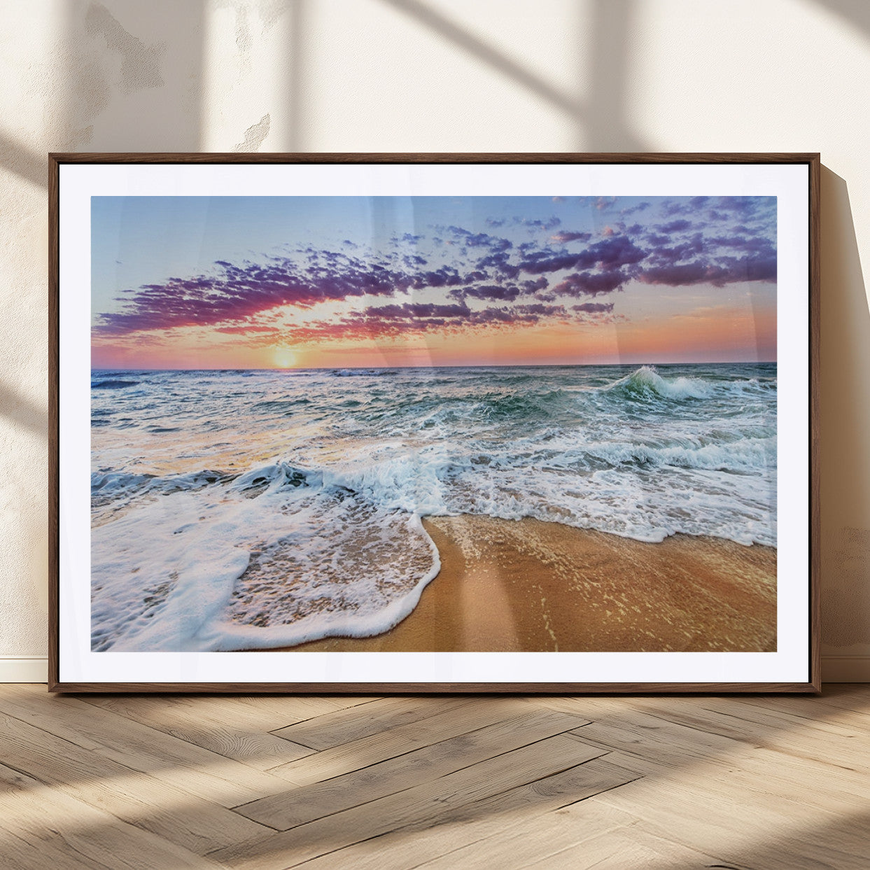 44120-MGC-FP-36x24_Walnut-Ocean Sunset Wall Art – Beach Landscape Canvas Print, Serene Coastal Decor for Living Room, Office or Bedroom