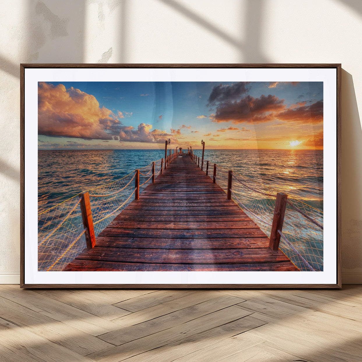 28836-MGV-CV-36X24-Ocean Pier Sunset Wall Art – Wooden Dock and Golden Horizon Canvas Print, Coastal Seascape Photography for Living Room, Bedroom,