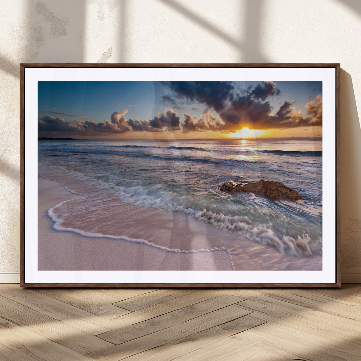 94906-MGV-CV-36X24-Sunrise Beach Wall Art – Panoramic Ocean Waves Canvas Print, Coastal Sunset Seascape Artwork for Living Room, Bedroom, or Office