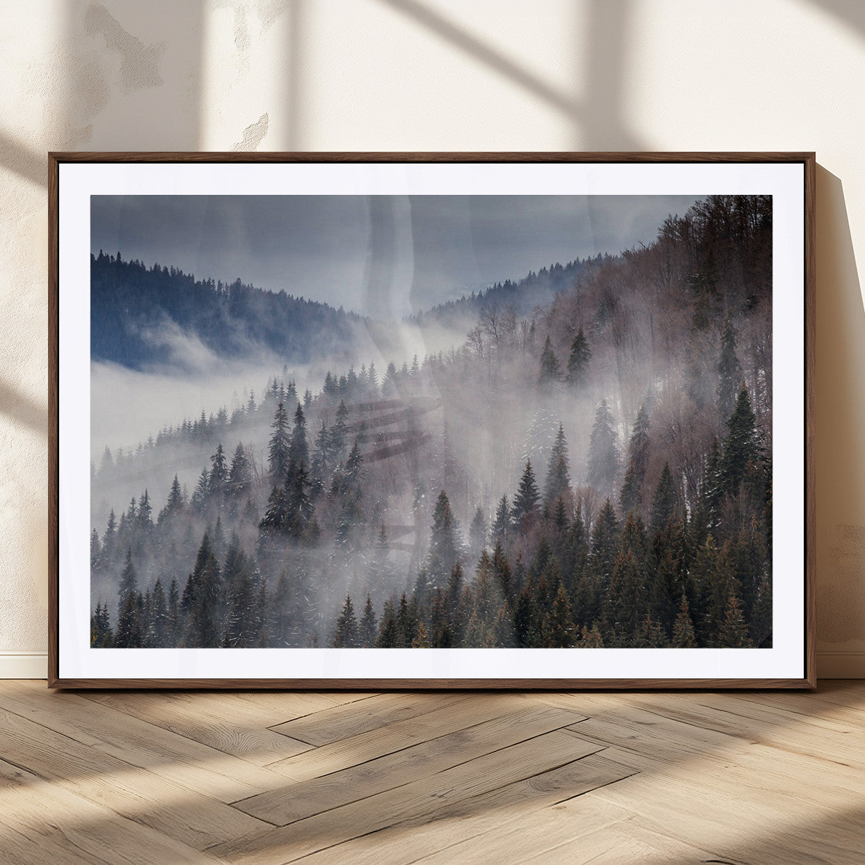 18459-MGC-FP-36x24_Walnut-Misty Pine Forest Wall Art – Serene Mountain Landscape Canvas Print, Tranquil Nature Artwork for Living Room, Bedroom, Cabin or