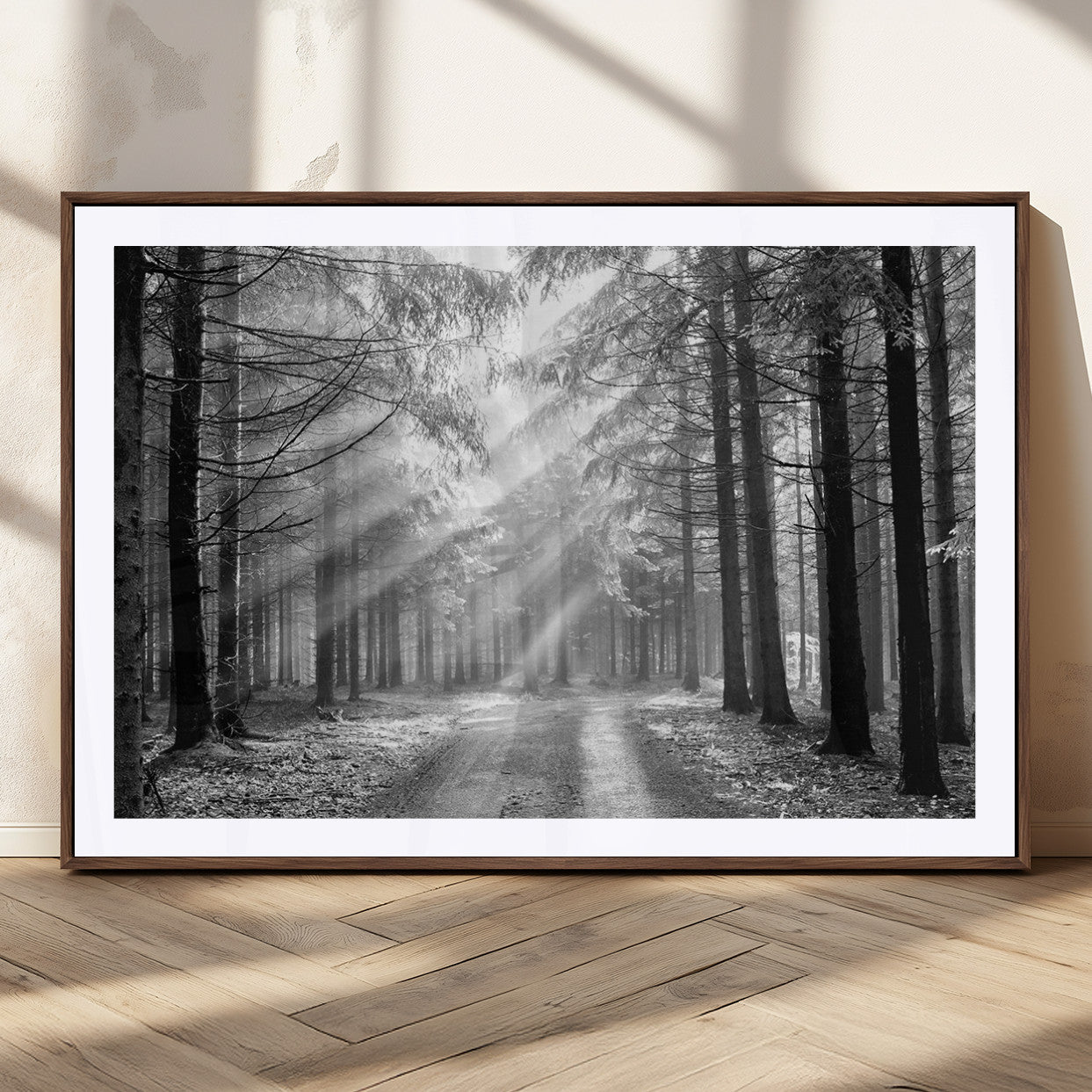 39665-MGC-FP-36x24_Walnut-Black and White Forest Path Wall Art – Sunlight Rays in Trees Canvas Print, Nature Landscape Decor for Living Room or Office