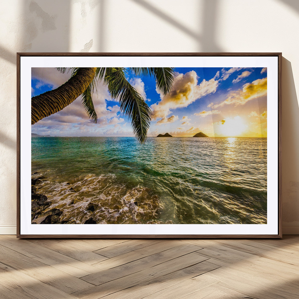 68606-MGC-FP-36x24_Walnut-Tropical Palm Tree Ocean Wall Art – Sunset Beach Seascape Print, Coastal Paradise Decor for Living Room or Office
