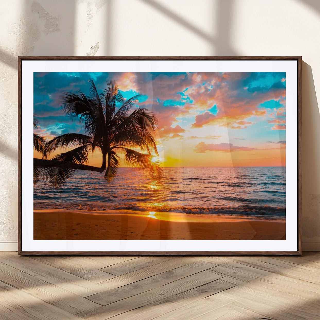 34674-MGV-CV-36X24-Tropical Sunset Beach Wall Art – Palm Tree Ocean Canvas Print, Coastal Seascape Decor for Living Room or Office Wall