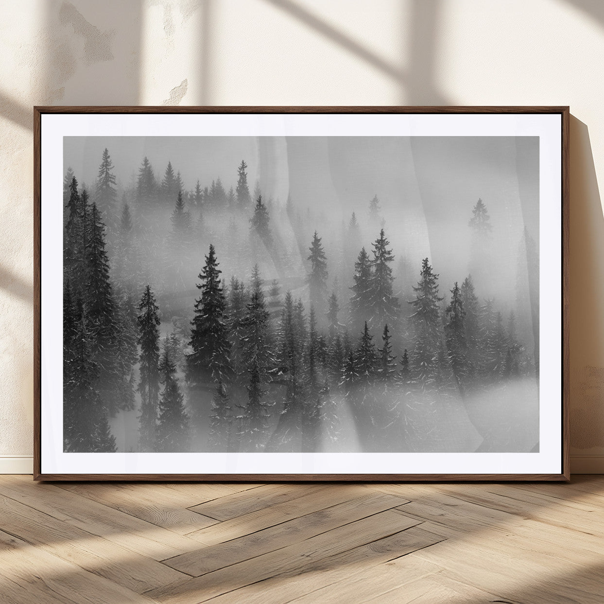 57235-MGV-CV-36X24-Misty Pine Forest Wall Art – Black and White Mountain Landscape Canvas Print, Nature Woodland Decor for Living Room, Bedroom or