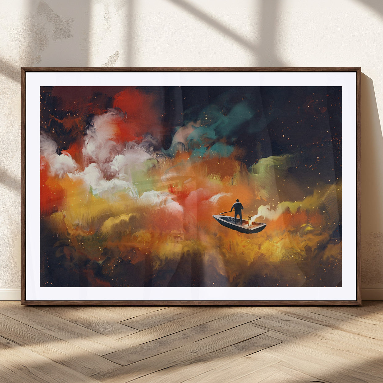 45085-MGC-FP-36x24_Walnut-Surreal Cosmic Wall Art – Abstract Galaxy Dreamscape Canvas Print with Man and Dog in Boat, Fantasy Nebula Painting for Living