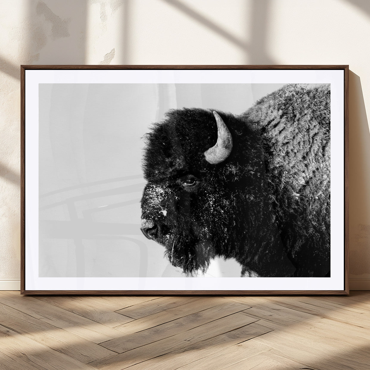 68780-MGC-FP-36x24_Walnut-Bison Close-Up Wall Art – Black and White Buffalo Canvas Print, Rustic Wildlife Photography Decor for Living Room, Office, or