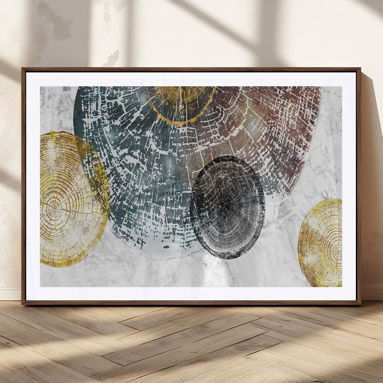 70653-MGC-FP-36x24_Walnut-Abstract Tree Ring Wall Art – Modern Rustic Wood Slice Canvas Print with Gold Accents, Contemporary Nature Decor for Living Room,