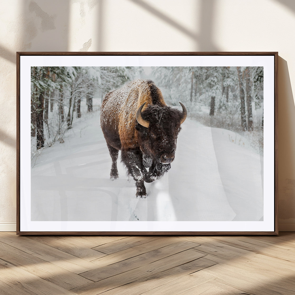 10109-MGC-FP-36x24_Walnut-Majestic Bison Winter Wall Art – Snowy Forest Buffalo Canvas Print, Rustic Wildlife Photography Decor for Cabin, Lodge, Living