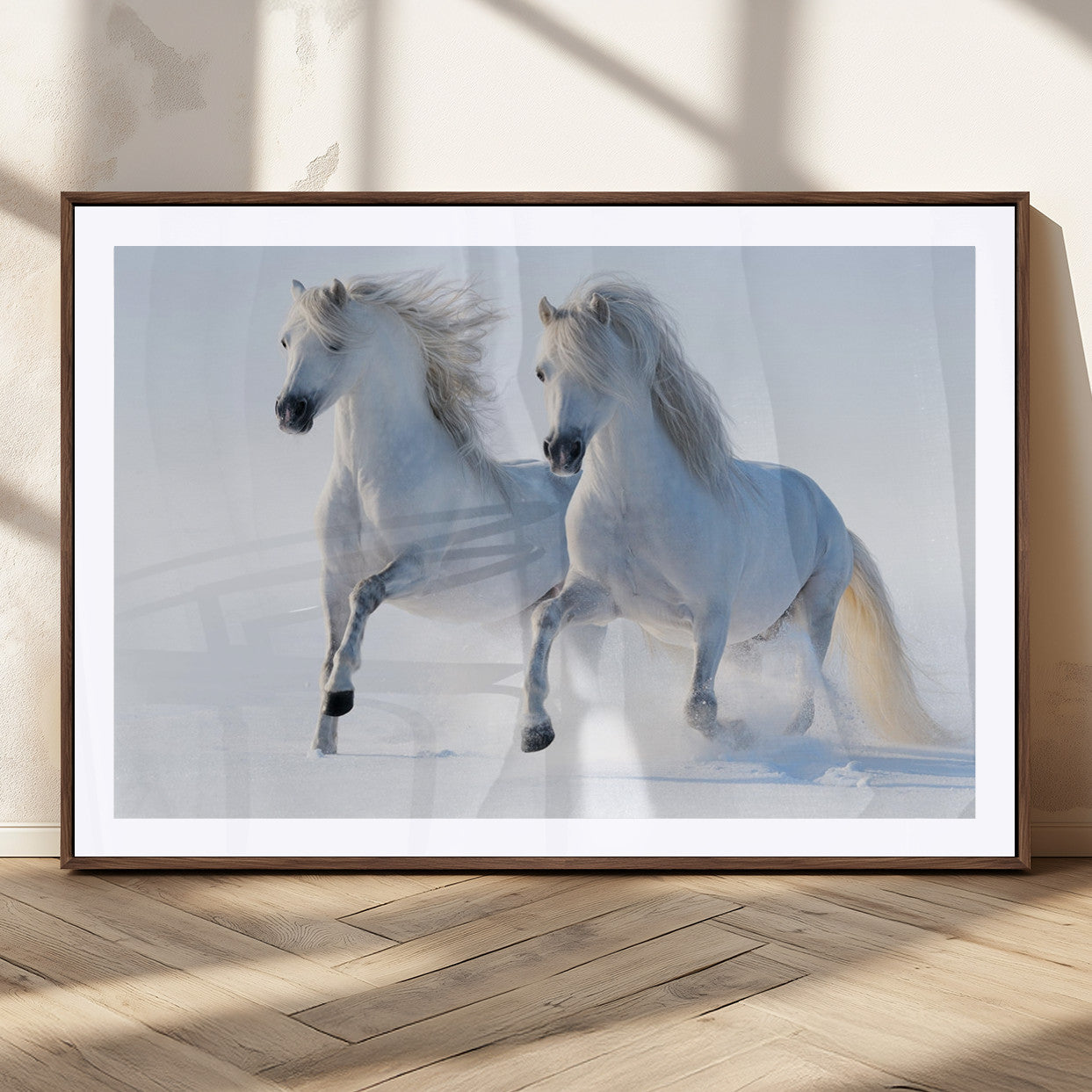 80145-MGC-FP-36x24_Walnut-White Horses Running Snow Wall Art – Majestic Equine Canvas Print, Winter Nature Photography Decor for Living Room, Office,