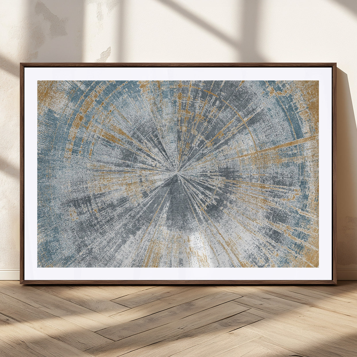 17631-MGV-CV-36X24-Radiant Burst Wall Art – Abstract Sunburst Canvas Print in Blue and Gold, Modern Geometric Painting for Living Room, Office or