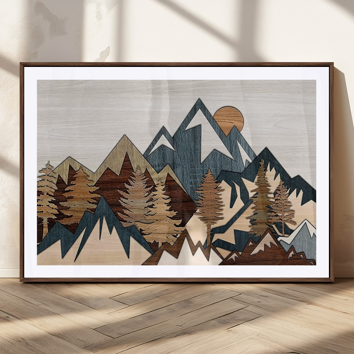 67950-MGC-FP-36x24_Walnut-Modern Wood Wall Art Canvas Print, Framed Mountain Range Art Picture Print, Wood Mountain Range Perfect Rustic Decor Artwork