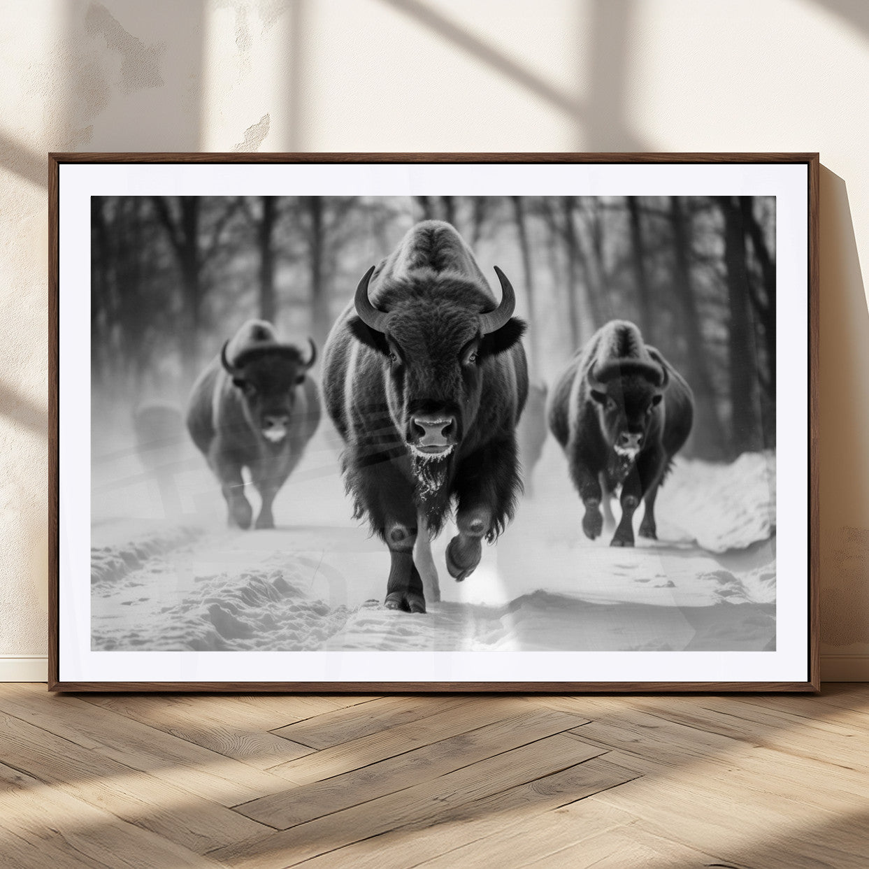 97552-MGC-FP-36x24_Walnut-Black and White Bison Wall Art – Buffalo Herd Running in Snow Canvas Print, Rustic Wildlife Photography Decor for Cabin, Lodge, or