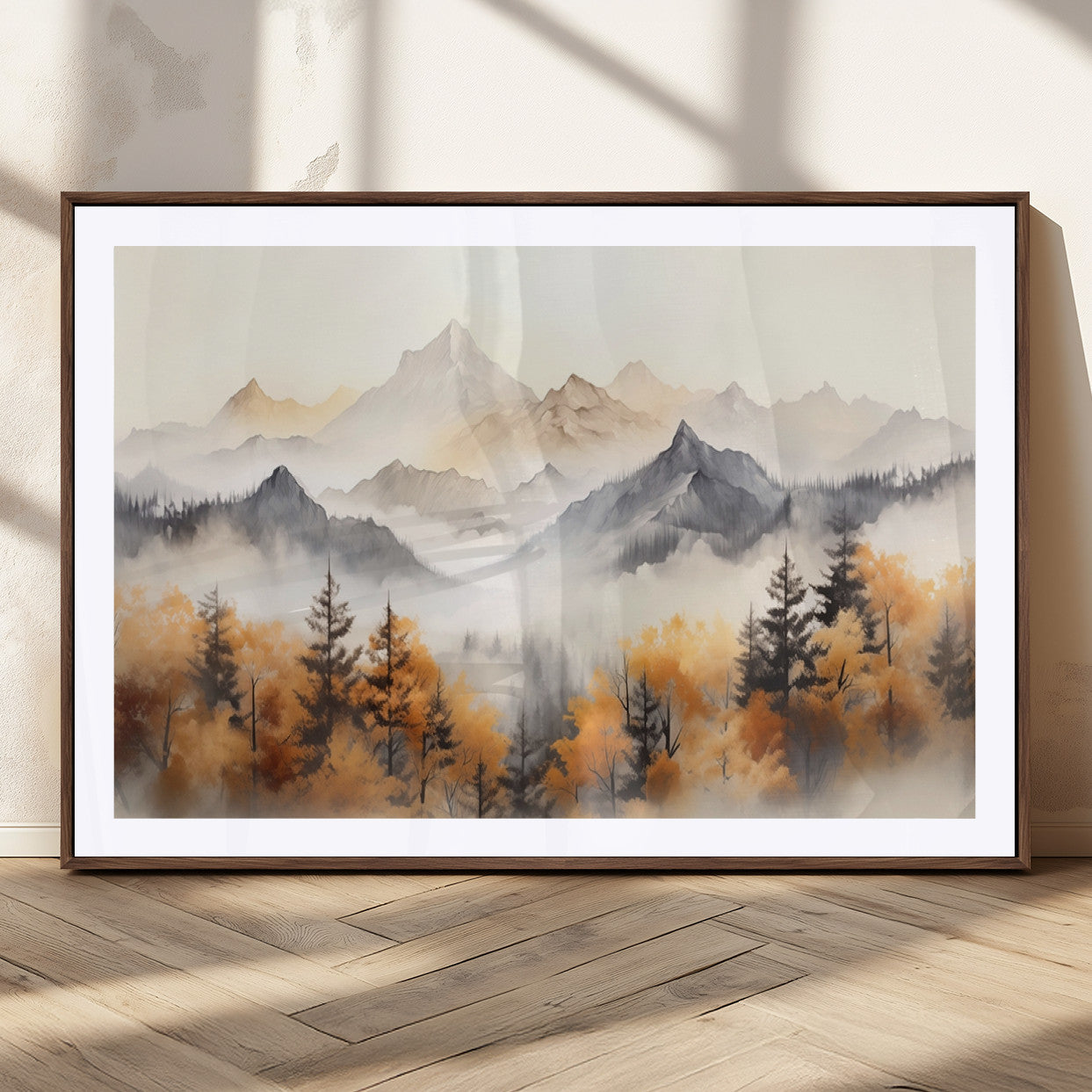 70049-MGC-FP-36x24_Walnut-Autumn Mountain Forest Wall Art – Misty Landscape Canvas Print, Rustic Nature Inspired Decor for Living Room, Bedroom or Office