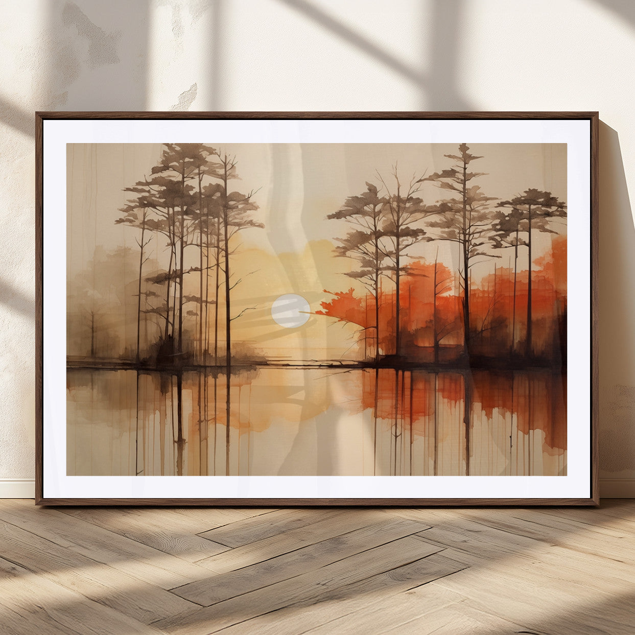 51083-MGC-FP-36x24_Walnut-Sunset Lake Forest Wall Art – Serene Trees and Orange Sky Reflection Canvas Print, Tranquil Nature Decor for Living Room, Office