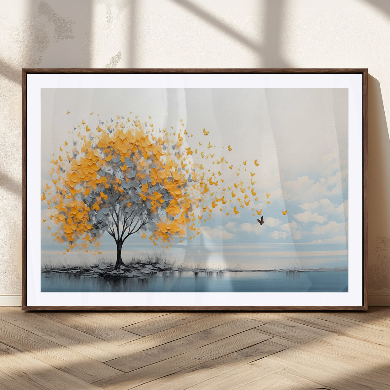 23385-MGC-FP-36x24_Walnut-Golden Butterfly Tree Wall Art – Abstract Yellow and Gray Canvas Print, Modern Nature Artwork for Living Room, Bedroom or Office