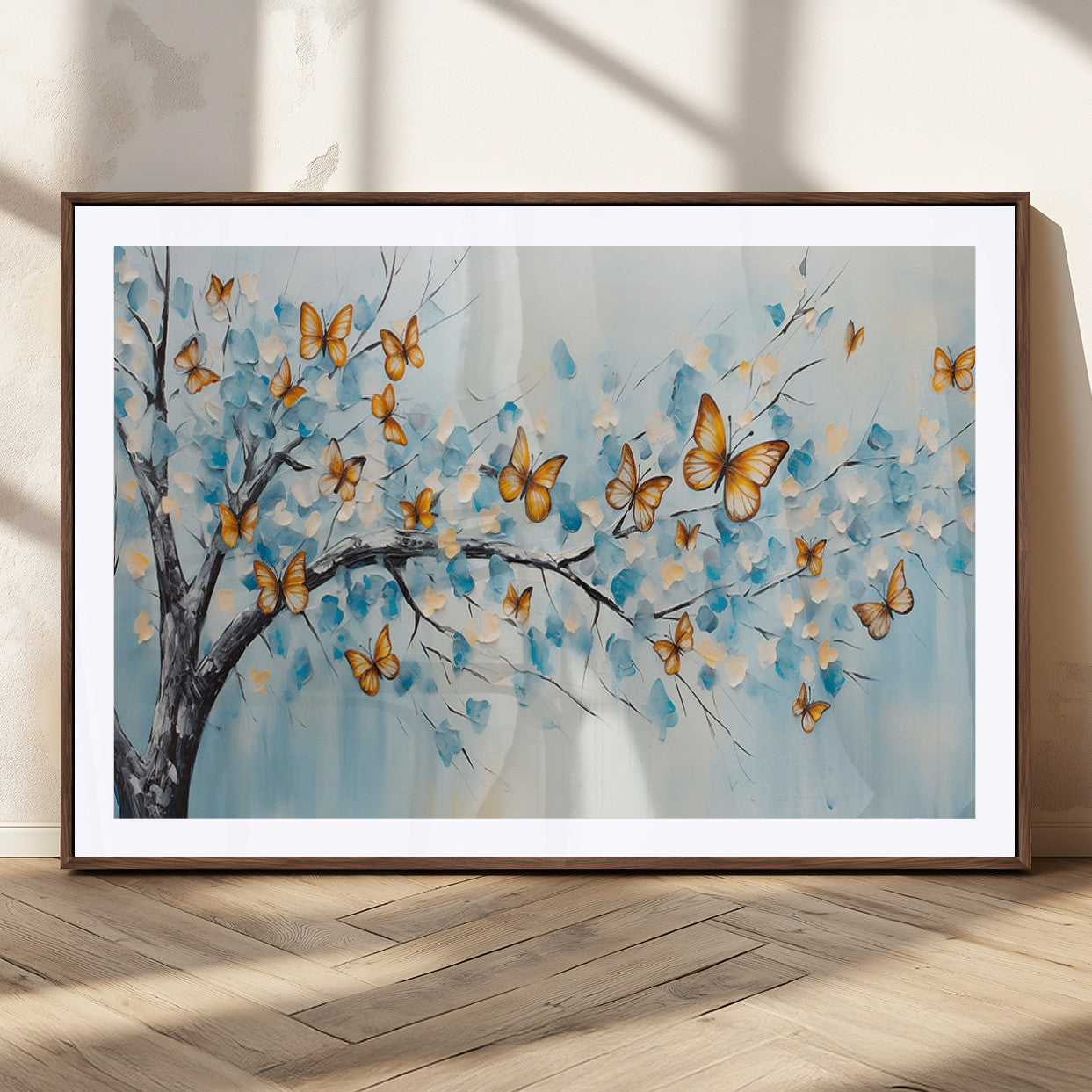 59455-MGC-FP-36x24_Walnut-Butterfly Tree Branch Wall Art – Blue and Yellow Abstract Canvas Print, Modern Nature Artwork for Living Room, Bedroom or Office