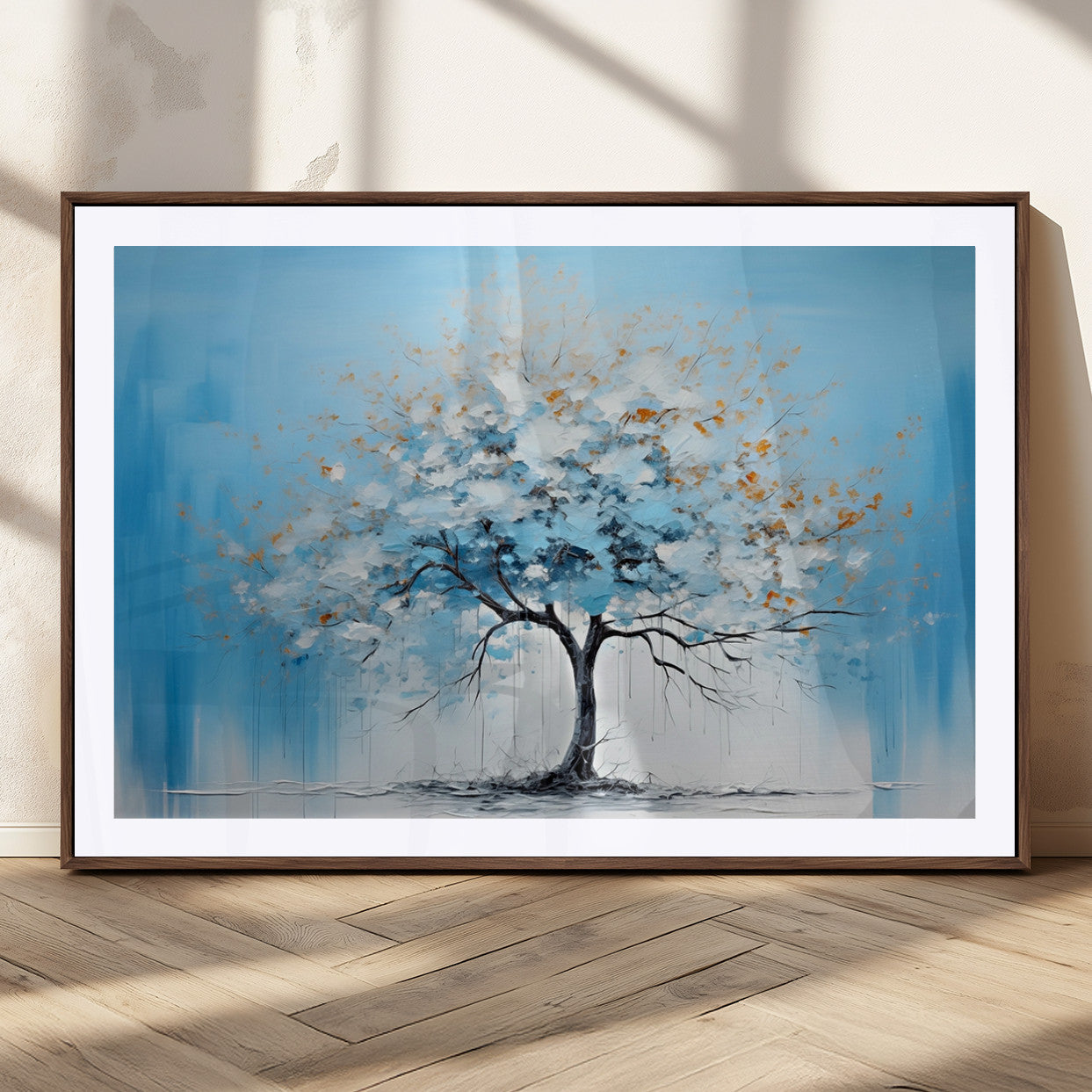 25021-MGC-FP-36x24_Walnut-Abstract Tree Wall Art – Blue and White Canvas Painting with Gold Accents, Modern Nature-Inspired Artwork for Living Room, Bedroom