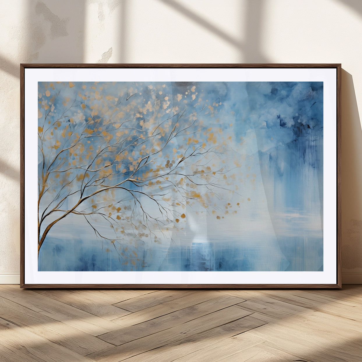 23891-MGC-FP-36x24_Walnut-Abstract Tree Wall Art – Minimalist Blue and Gold Canvas Painting, Elegant Nature-Inspired Artwork for Living Room, Bedroom or