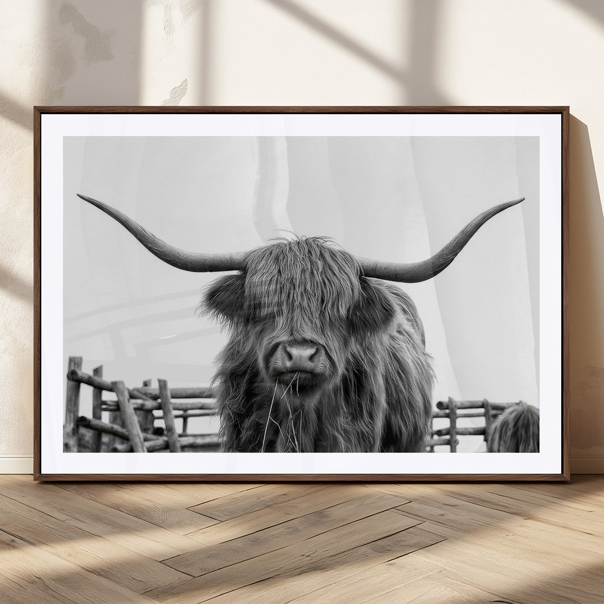 58188-MGC-FP-36x24_Walnut-Highland Cow Wall Art – Black and White Rustic Farmhouse Canvas Print, Longhorn Cattle Photography Decor for Living Room or
