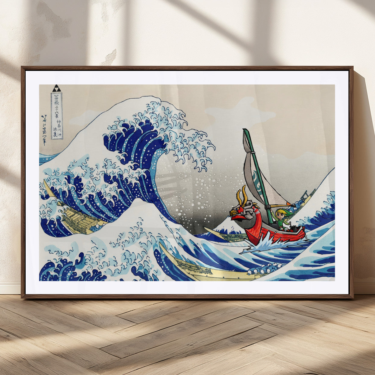 19450-MGC-FP-36x24_Walnut-Great Wave Adventure Wall Art – Japanese Style Ocean Canvas Print, Fantasy Sailing Decor for Living Room, Bedroom or Office
