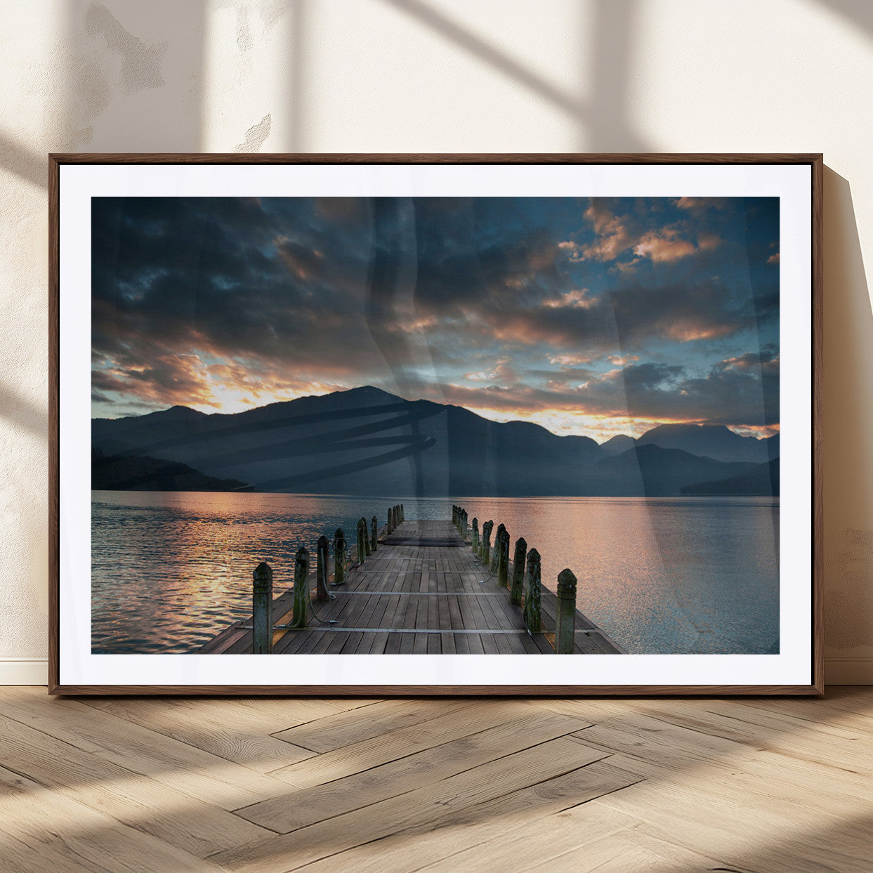 20442-MGC-FP-36x24_Walnut-Lakeside Sunset Dock Wall Art – Peaceful Mountain Lake Canvas Print, Serene Nature Landscape Decor for Living Room, Bedroom or