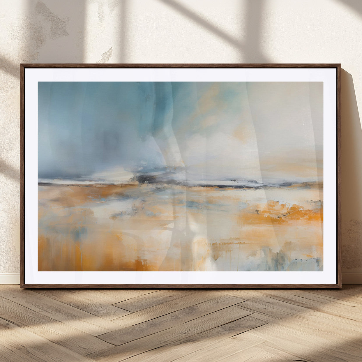 92764-MGC-FP-36x24_Walnut-Abstract Landscape Wall Art – Modern Blue and Orange Canvas Print, Large Minimalist Painting for Living Room, Bedroom, Office or