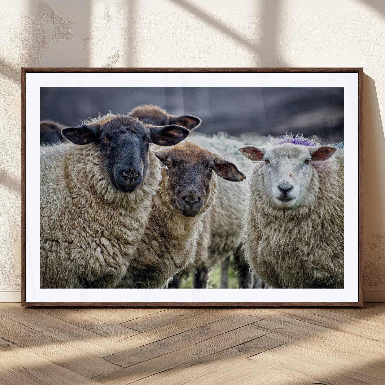 18418-MGC-FP-36x24_Walnut-Sheep Wall Art Canvas Print, Framed Farmhouse Sheep Art Picture Print, Sheep Herd Perfect Rustic Farmhouse Decor Artwork