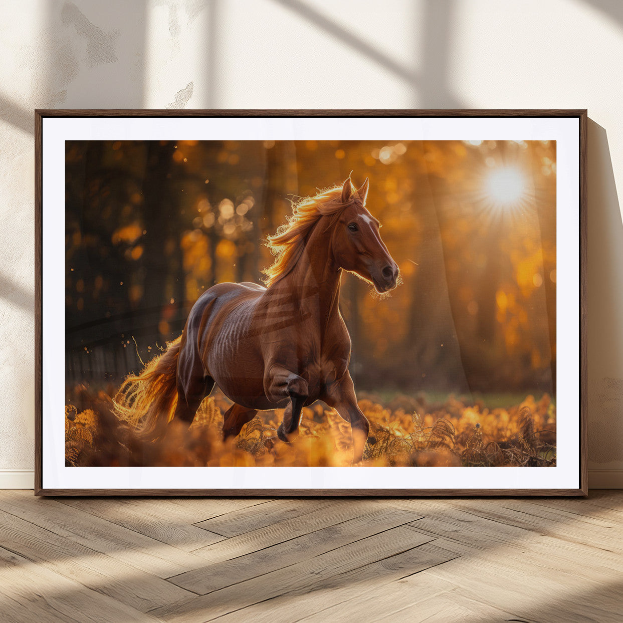 92144-MGC-FP-36x24_Walnut-Sunset Horse Wall Art Canvas Print, Framed Horse Barn Art Picture Print, Majestic Horse Perfect Rustic Farmhouse Decor Artwork