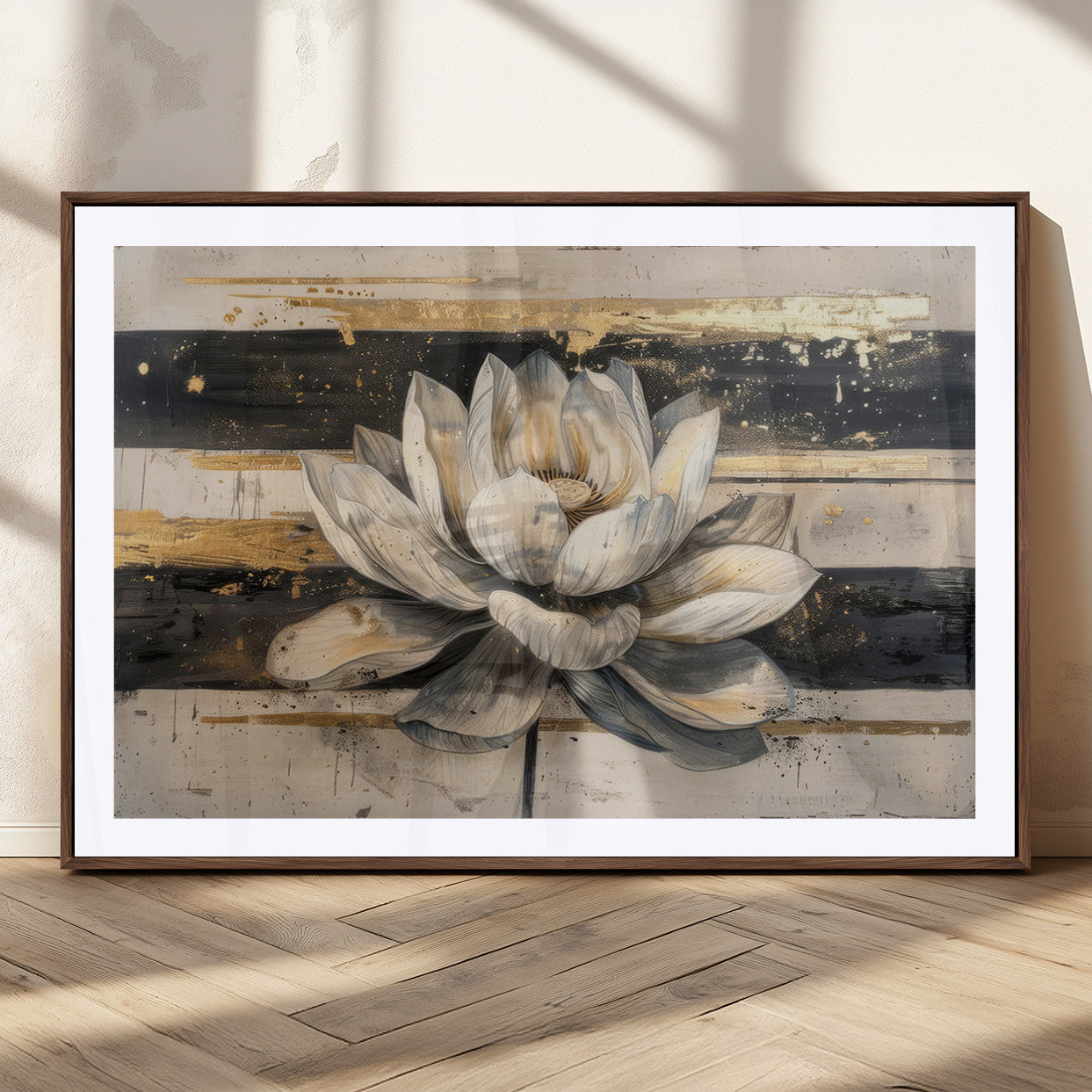 18807-MGC-FP-36x24_Walnut-Lotus Flower Wall Art Canvas Print, Framed Abstract Lotus Art Picture Print, White Lotus Flower Perfect Abstract Floral Decor