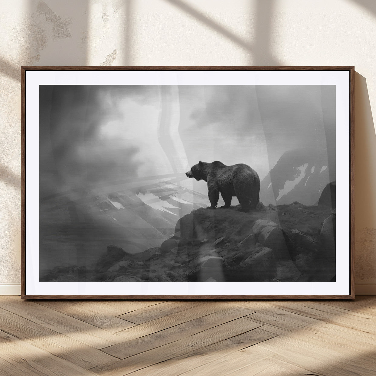49504-MGC-FP-36x24_Walnut-Black and White Grizzly Bear Wall Art – Wilderness Wildlife Painting, Rustic Mountain Cabin Decor, Monochrome Animal Print for