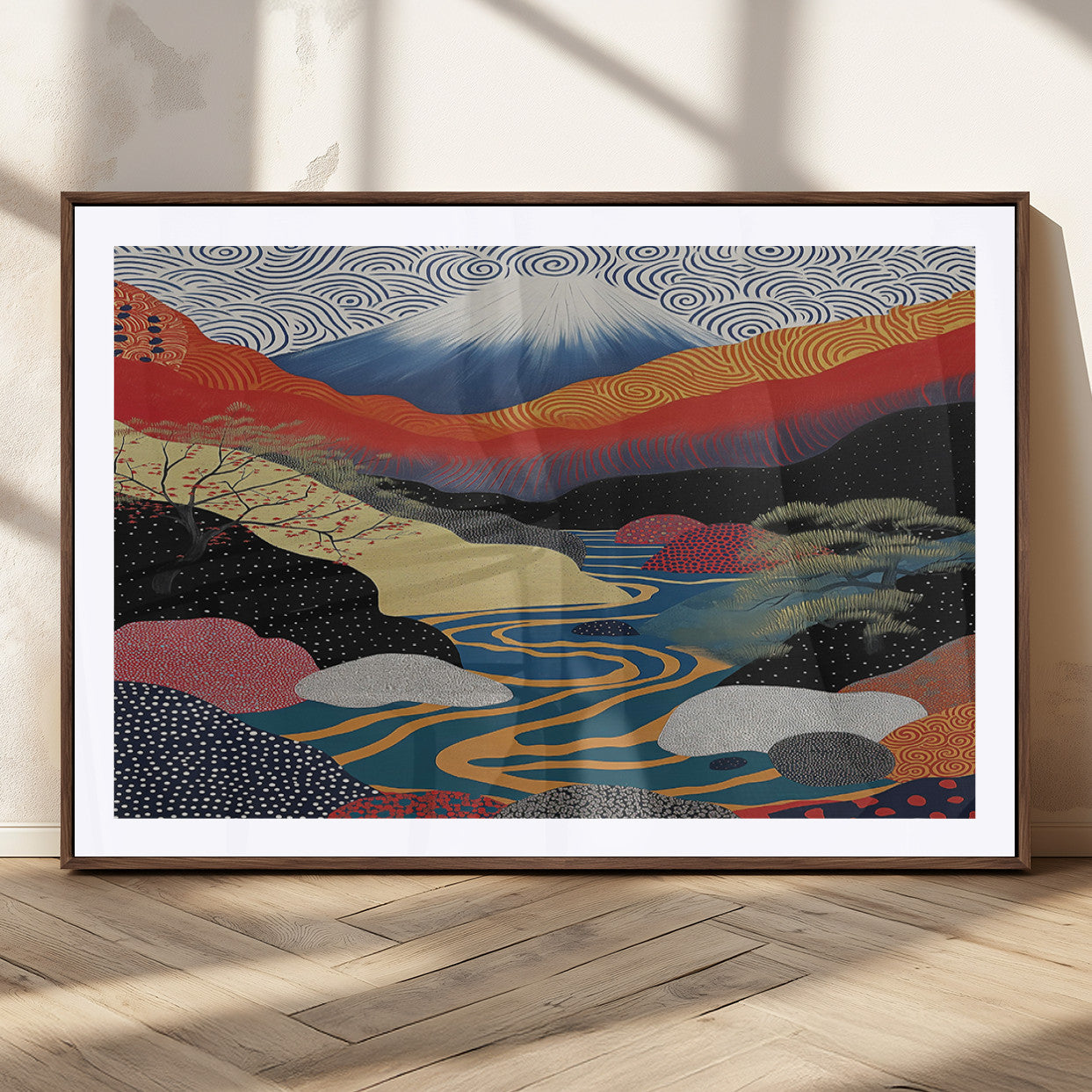 32131-MGC-FP-36x24_Walnut-Japanese Mount Fuji Wall Art – Abstract Landscape Canvas Print with Swirling Sky & River, Modern Minimalist Asian Inspired Poster