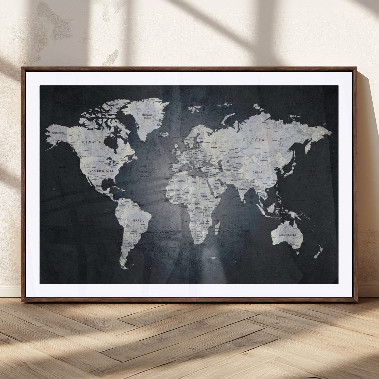 19124-MGC-FP-36x24_Walnut-Modern World Map Wall Art – Black and White Canvas Print, Minimalist Global Map Decor for Office, Study, Bedroom or Living Room