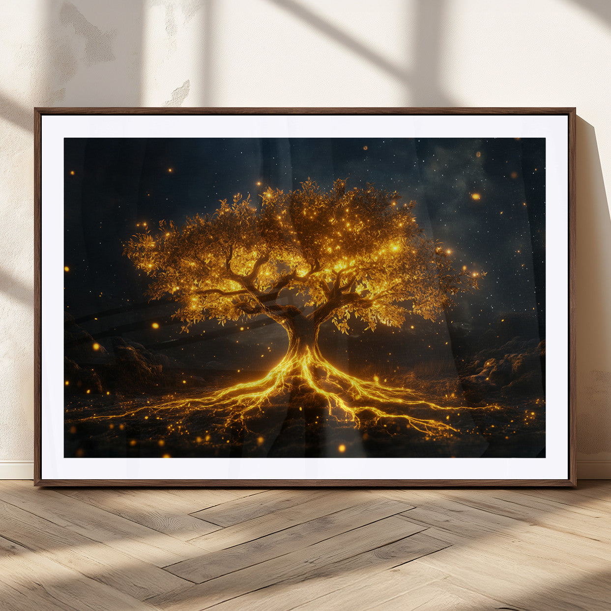 60194-MGC-FP-36x24_Walnut-Glowing Tree Wall Art – Golden Roots Fantasy Canvas Print, Mystical Illuminated Tree Painting Poster for Living Room, Bedroom,