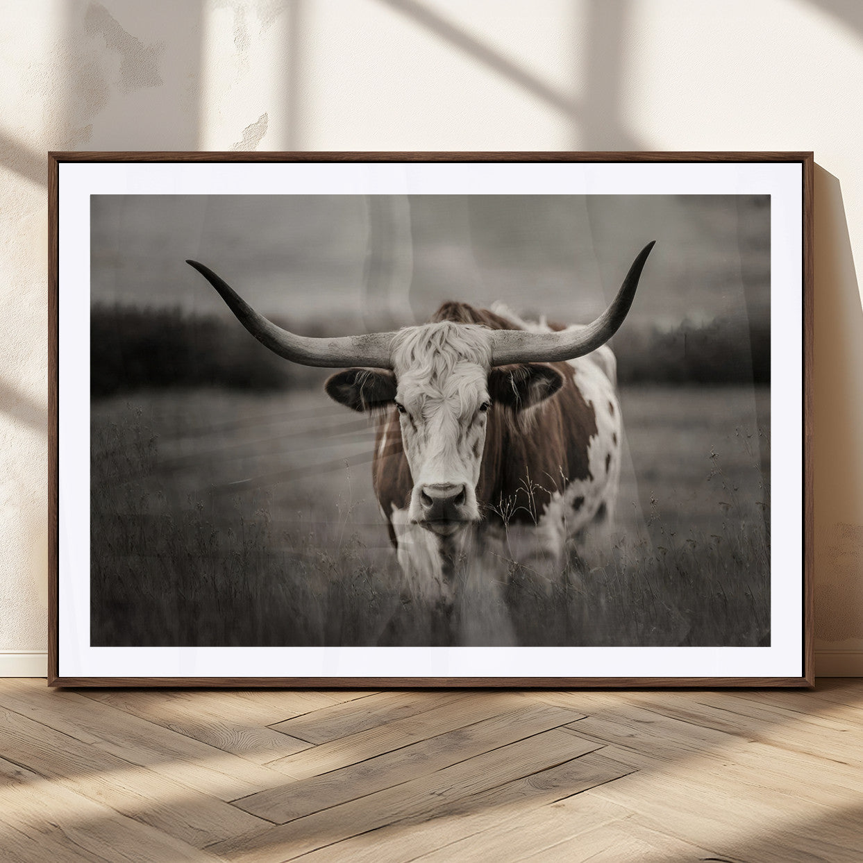 69238-MGC-FP-36x24_Walnut-Longhorn Bull Wall Art – Rustic Black and White Texas Cattle Canvas Print, Western Farmhouse Animal Photography for Living Room,